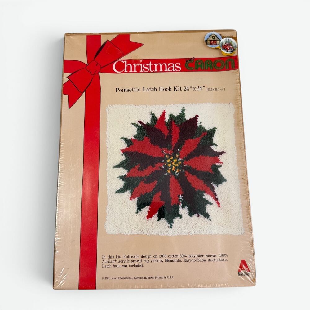 Christmas Caron Poinsettia Latch Hook Kit New Old Stock Factory Sealed Box 1981